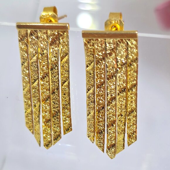 Vintage 14k Herringbone Chain Floral Pattern Chevron Dangle Italy Earrings - Picture 3 of 15